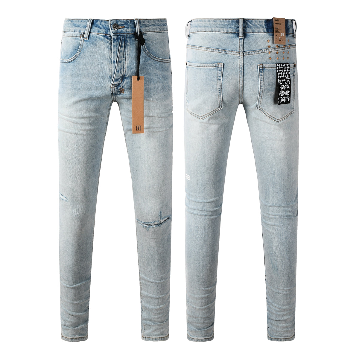 Jeans streetwear para hombre lavados azul claro con detalles mínimos desgastados y parche gráfico 3031