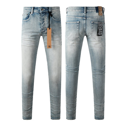 Vaqueros Streetwear para Hombre Azul Claro Lavado con Estilo Limpio y Parche Gráfico en el Bolsillo Trasero 3032