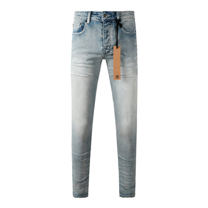 Vaqueros Streetwear para Hombre Azul Claro Lavado con Estilo Limpio y Parche Gráfico en el Bolsillo Trasero 3032
