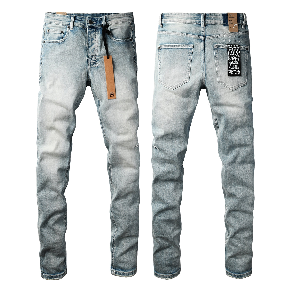 Vaqueros Streetwear para Hombre Azul Claro Lavado con Estilo Limpio y Parche Gráfico en el Bolsillo Trasero 3032