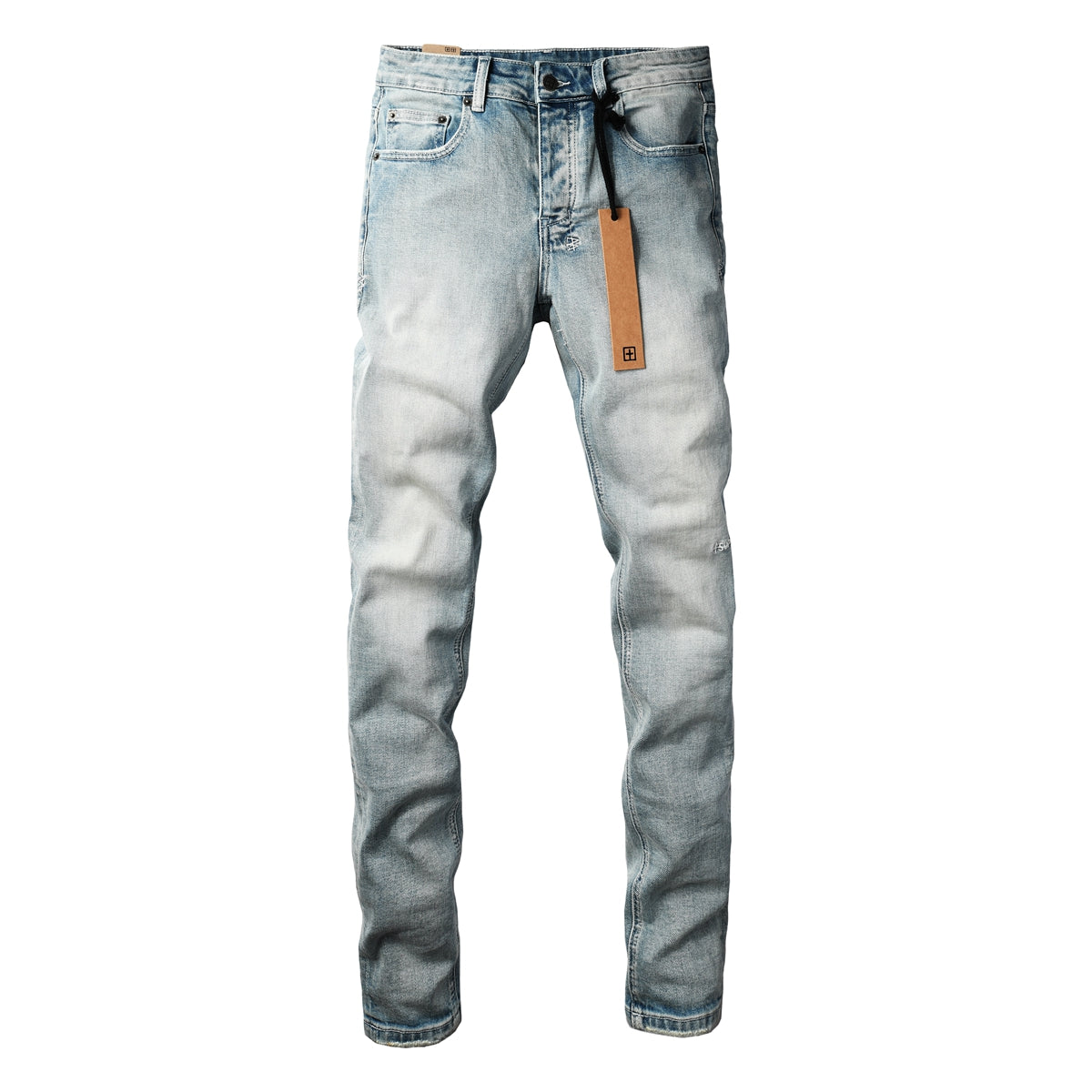 Vaqueros Streetwear para Hombre Azul Claro Lavado con Estilo Limpio y Parche Gráfico en el Bolsillo Trasero 3032