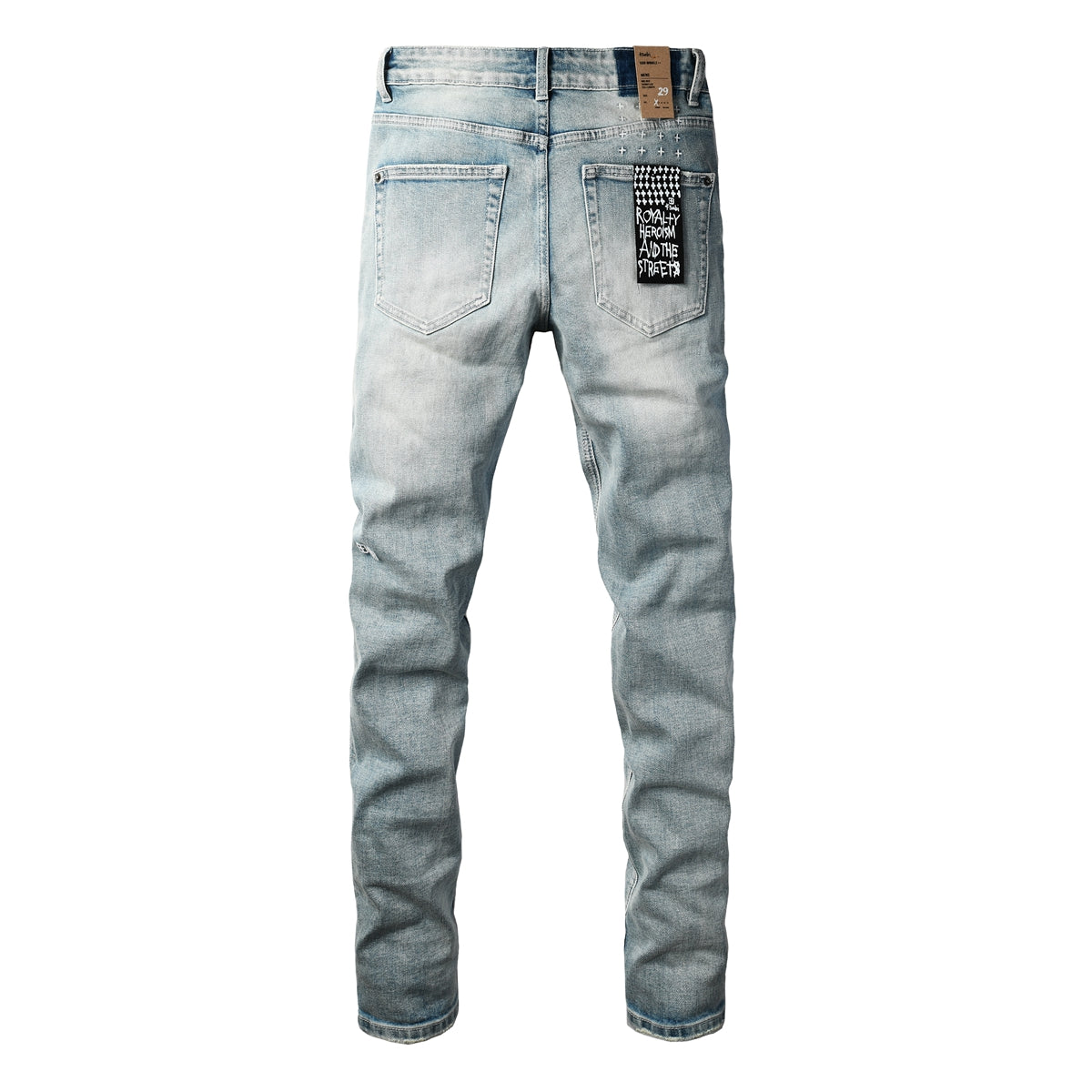 Vaqueros Streetwear para Hombre Azul Claro Lavado con Estilo Limpio y Parche Gráfico en el Bolsillo Trasero 3032