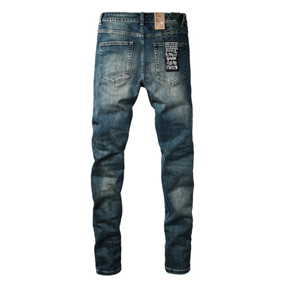 Vaqueros Streetwear para Hombre Azul Lavado Vintage con Aspecto Limpio y Parche Gráfico en Bolsillo Trasero 3033