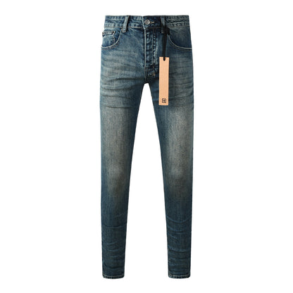 Vaqueros Streetwear para Hombre Azul Lavado Vintage con Aspecto Limpio y Parche Gráfico en Bolsillo Trasero 3033