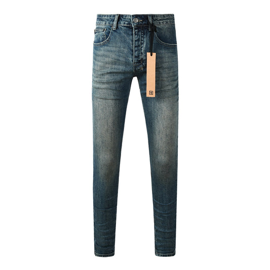 Men Streetwear Jeans Vintage Blue Washed with Clean Look and Graphic Back Pocket Patch 3033