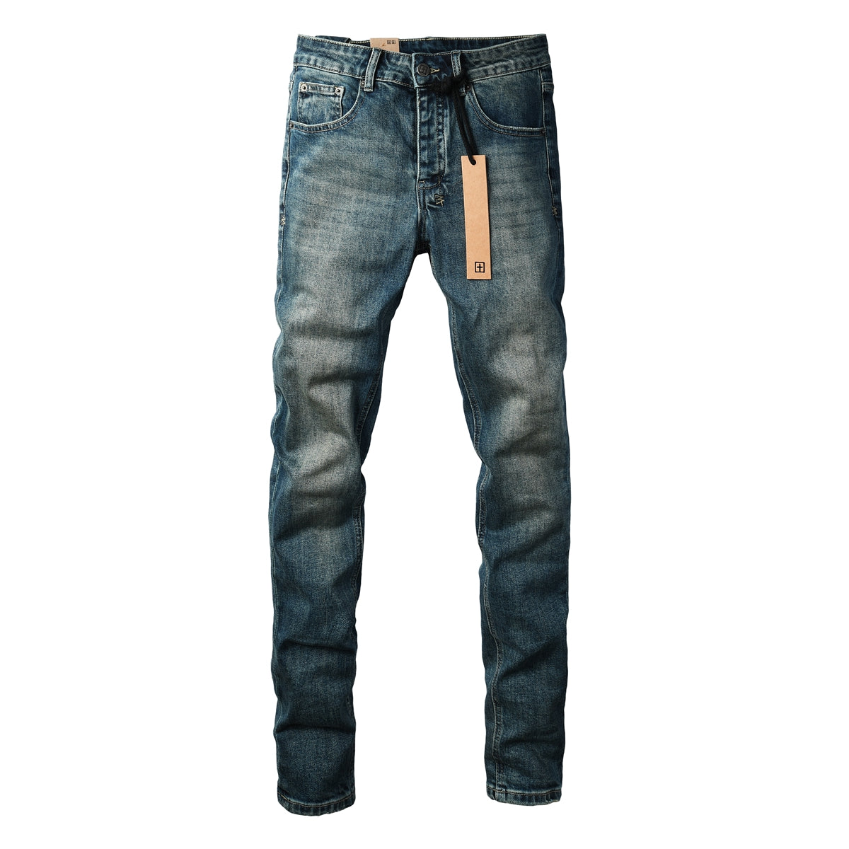Vaqueros Streetwear para Hombre Azul Lavado Vintage con Aspecto Limpio y Parche Gráfico en Bolsillo Trasero 3033