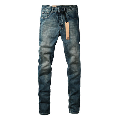 Vaqueros Streetwear para Hombre Azul Lavado Vintage con Aspecto Limpio y Parche Gráfico en Bolsillo Trasero 3033