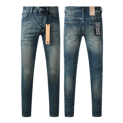 Vaqueros Streetwear para Hombre Azul Lavado Vintage con Aspecto Limpio y Parche Gráfico en Bolsillo Trasero 3033