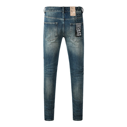 Vaqueros Streetwear para Hombre Azul Lavado Vintage con Aspecto Limpio y Parche Gráfico en Bolsillo Trasero 3033