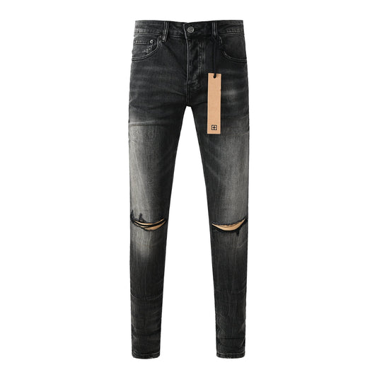 Edgy Streetwear Men’s Black Ripped Jeans with Graphic Back Print and Natural Fade Effect for Everyday Looks 3035