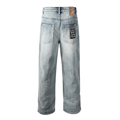 Men Streetwear Jeans Light Blue Washed with Cross Stitch Detail and Graphic Back Pocket Patch 3042
