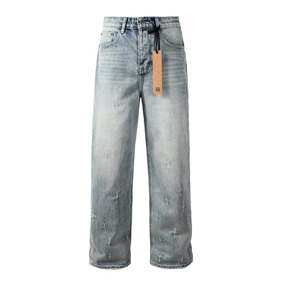 Men Streetwear Jeans Light Blue Washed with Cross Stitch Detail and Graphic Back Pocket Patch 3042