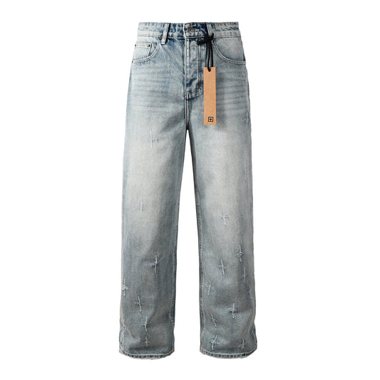 Men Streetwear Jeans Light Blue Washed with Cross Stitch Detail and Graphic Back Pocket Patch 3042
