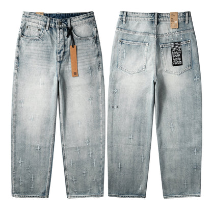 Men Streetwear Jeans Light Blue Washed with Cross Stitch Detail and Graphic Back Pocket Patch 3042