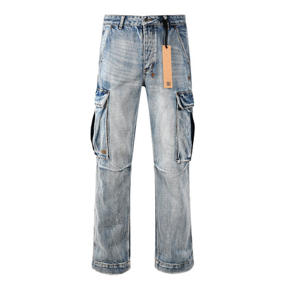 Y2K Style Baggy Light Blue Washed Cargo Jeans with Patchwork Pockets and Graffiti Print 3043