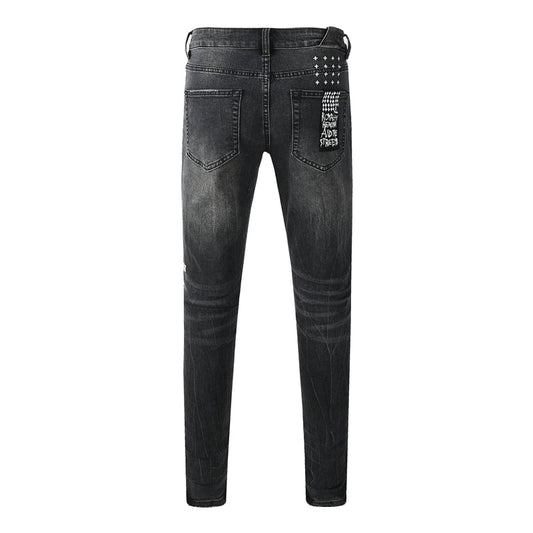 Men's Distressed Black Washed Jeans Slim Fit Stretch Denim Pants Streetwear Letter Print Ripped Skinny Jeans 3050