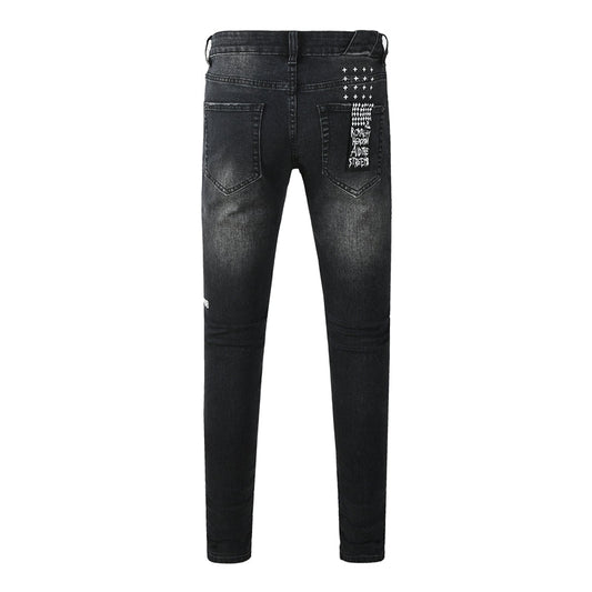Men's Black Distressed Jeans Graffiti Letter Print Slim Fit Stretch Denim Pants Streetwear Ripped Skinny Jeans 3053