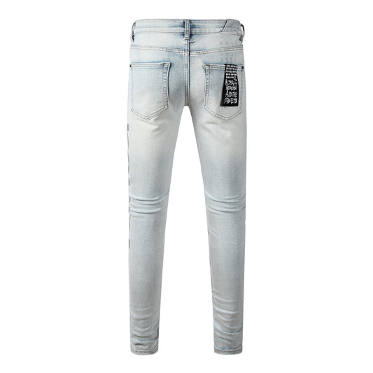 Men's Vintage Light Blue Denim Jeans Destroyed Ripped Slim Fit Fashion Street Style Long Pants 3054