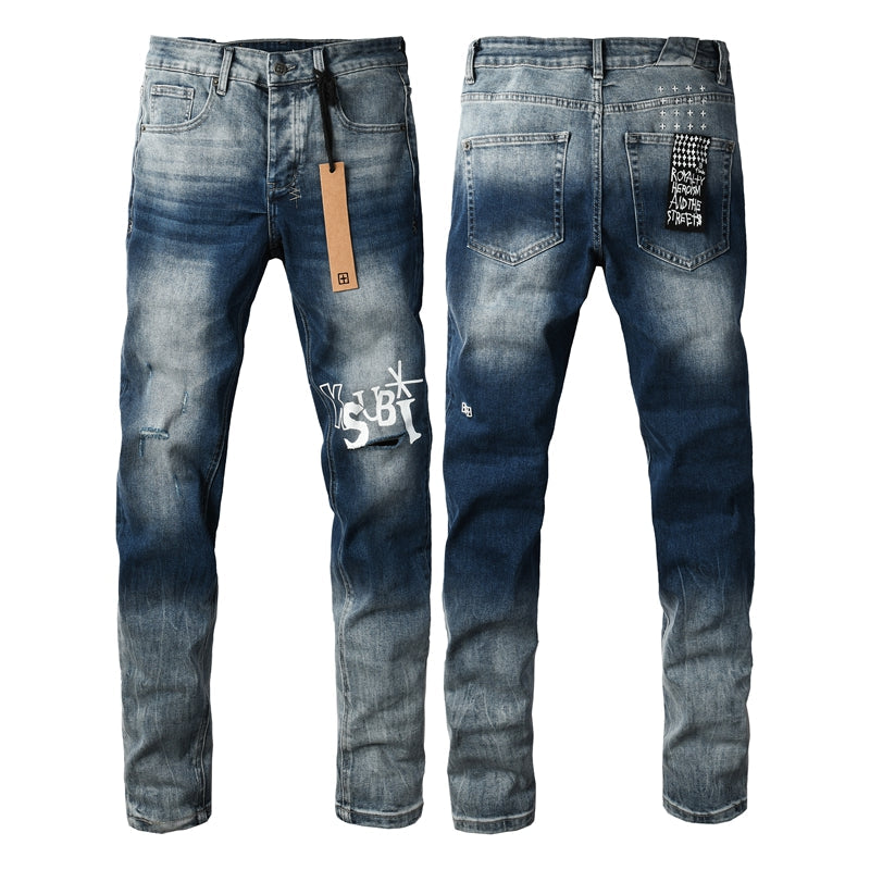 Men's Vintage Blue Washed Jeans Slim Fit Stretch Denim Pants Distressed Letter Print Casual Trousers 3055