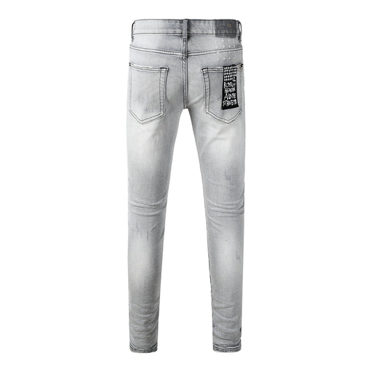 Men's Light Grey Distressed Jeans Slim Fit Stretch Denim Pants Ripped Casual Streetwear Fashion Trousers 3056