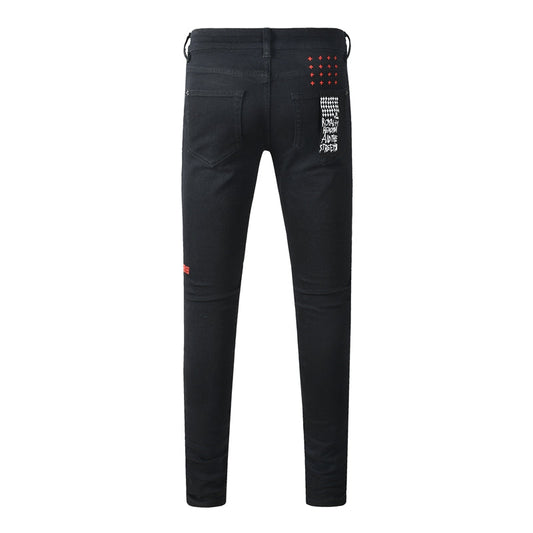 Men's Fashion Black Jeans Graphic Logo Print Skinny Fit Stretch Denim Streetwear Long Pants 3060