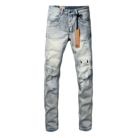 Light Blue Acid Wash Distressed Graffiti Print Slim Fit Jeans 3063