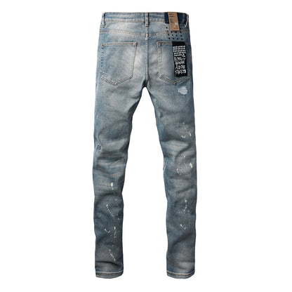 Blue Vintage Wash Cross Stitch Detail Slim Fit Denim Jeans 3064