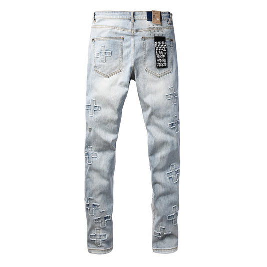 Men's Light Wash Distressed Jeans Cross Patch Denim Pants Slim Fit Streetwear Fashion 3069