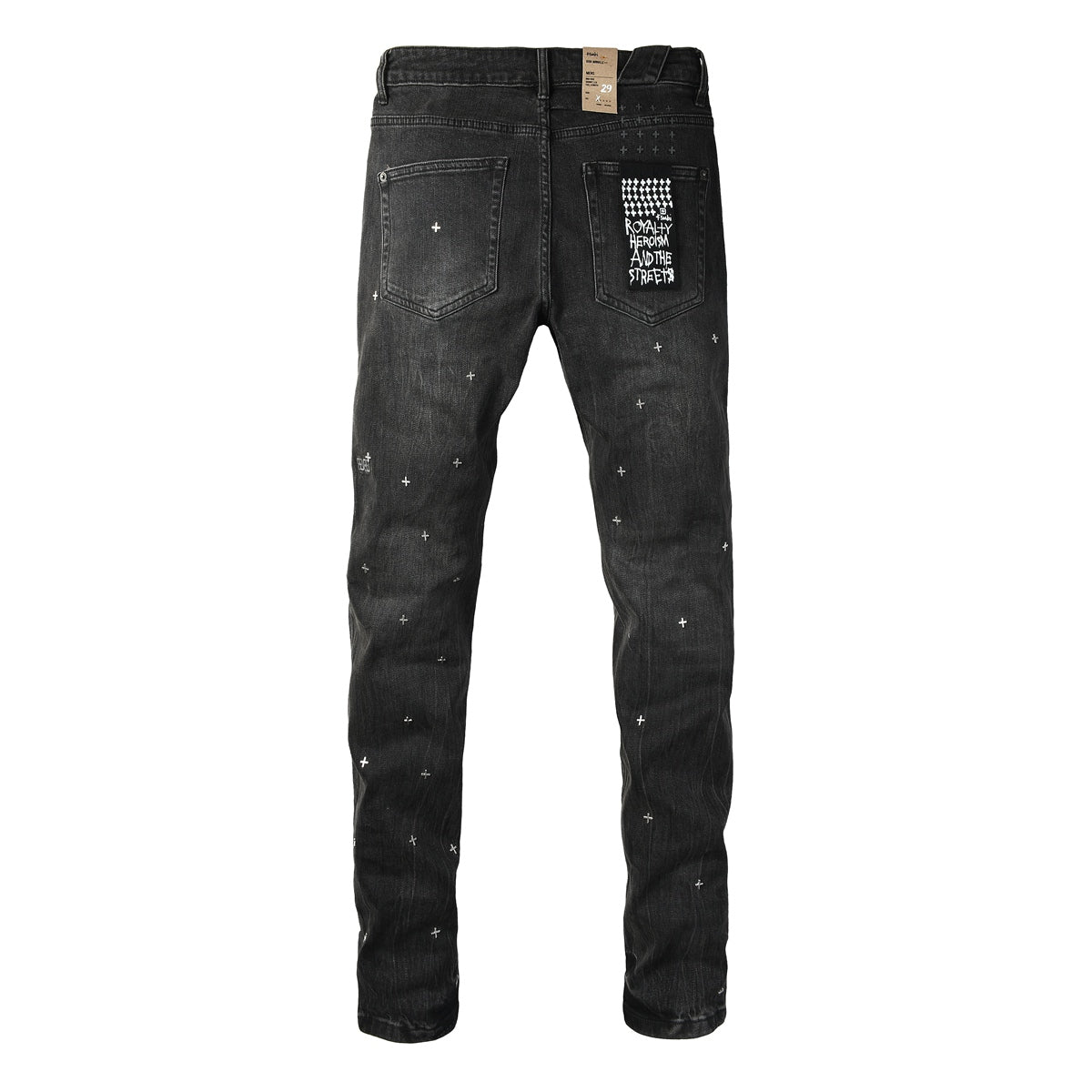 Washed Black Allover Cross Embroidered Slim Fit Denim Jeans 3073