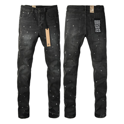 Washed Black Allover Cross Embroidered Slim Fit Denim Jeans 3073