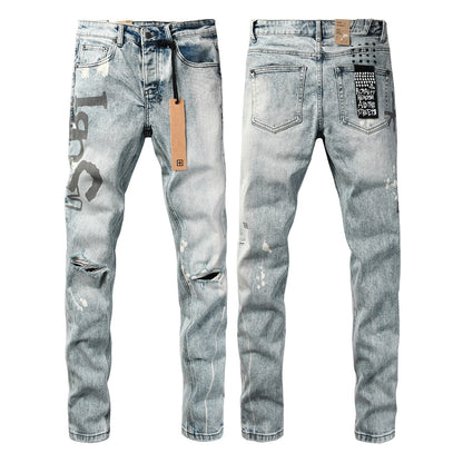 Light Blue Acid Wash Distressed Logo Graphic Slim Fit Jeans 3074