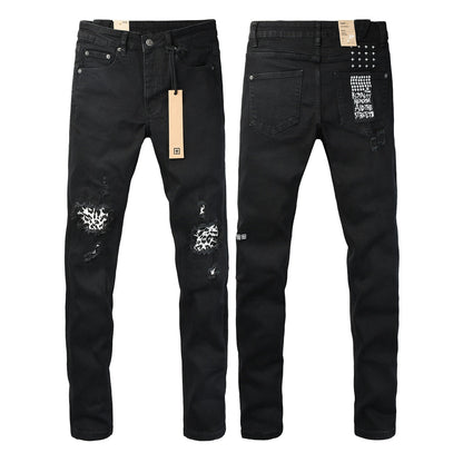 Black Distressed Leopard Print Patch Slim Fit Denim Jeans 3076
