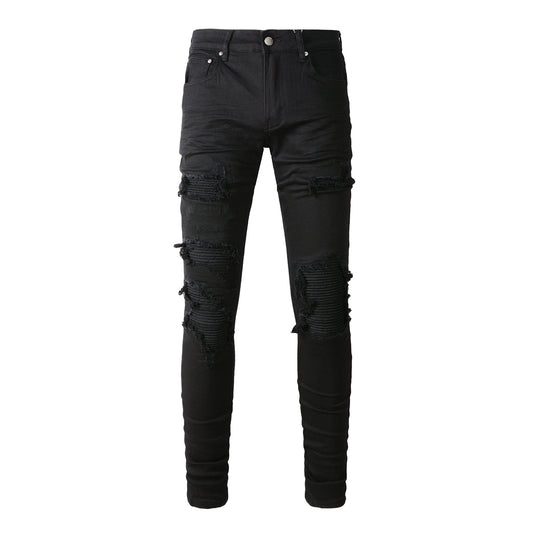Men’s Black Skinny Jeans with Layered Ripped Panels and Ribbed Patch Details for a Rugged Street Look  (569-8569)