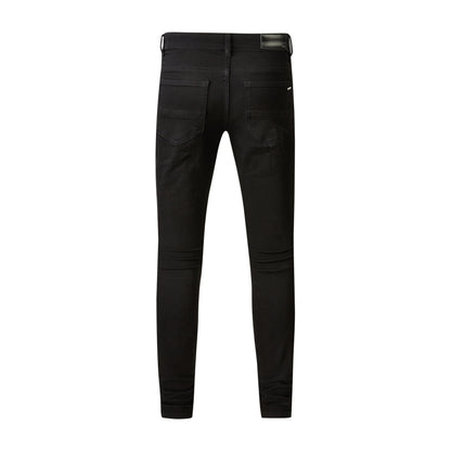 Men’s Black Skinny Jeans with Layered Ripped Panels and Ribbed Patch Details for a Rugged Street Look  (569-8569)
