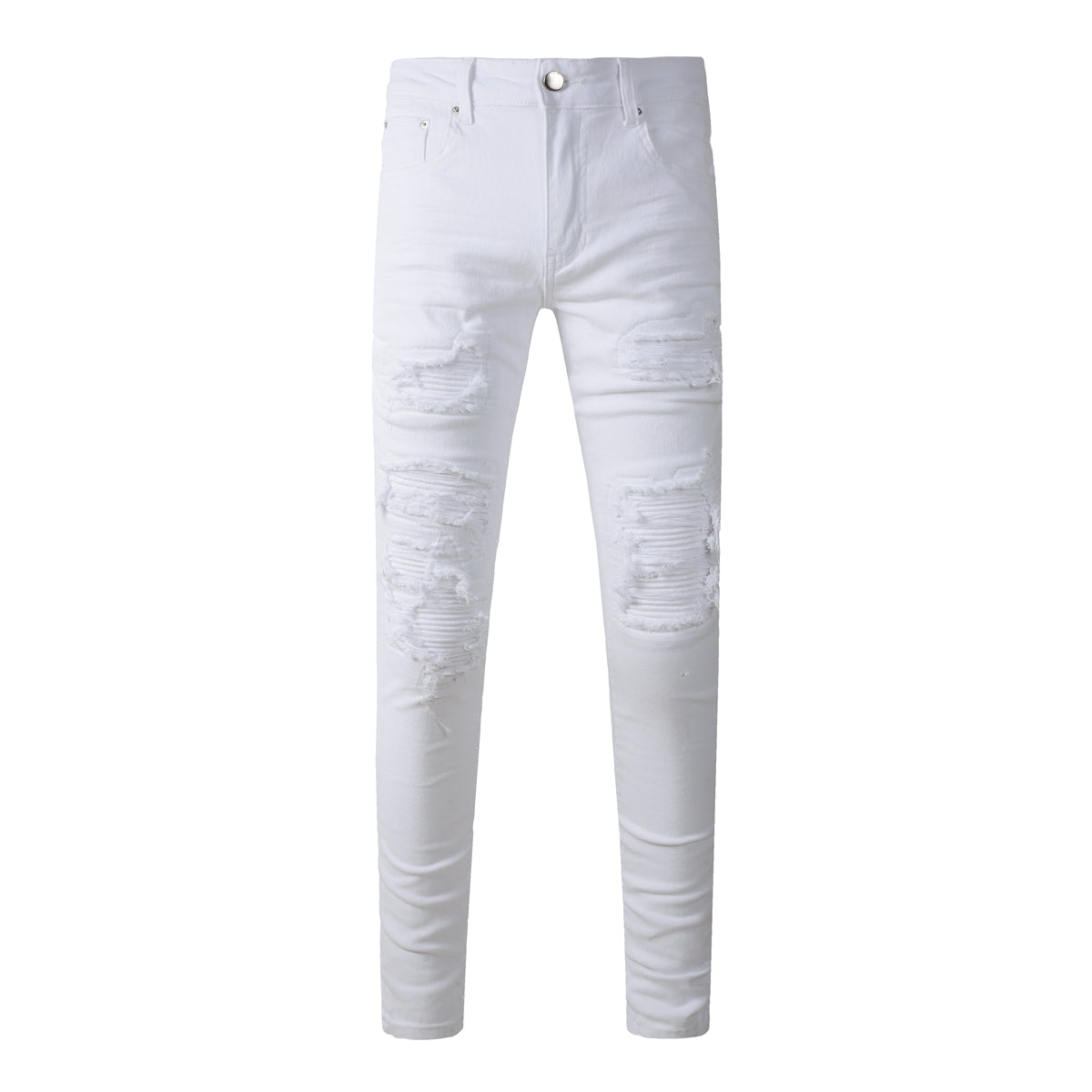Men’s White Slim Fit Ripped Jeans with Layered Patchwork Distressing for a Clean and Modern Summer Look 592