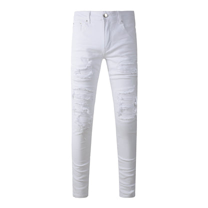 Men’s White Slim Fit Ripped Jeans with Layered Patchwork Distressing for a Clean and Modern Summer Look 592