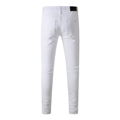 Men’s White Slim Fit Ripped Jeans with Layered Patchwork Distressing for a Clean and Modern Summer Look 592
