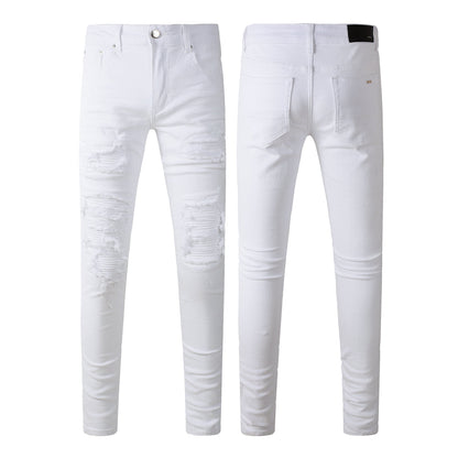 Men’s White Slim Fit Ripped Jeans with Layered Patchwork Distressing for a Clean and Modern Summer Look 592