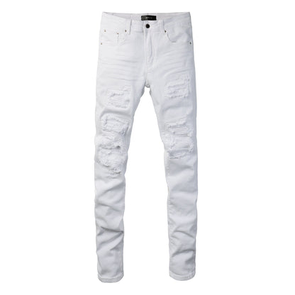 Men’s White Slim Fit Ripped Jeans with Layered Patchwork Distressing for a Clean and Modern Summer Look 592