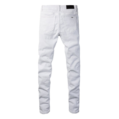 Men’s White Slim Fit Ripped Jeans with Layered Patchwork Distressing for a Clean and Modern Summer Look 592
