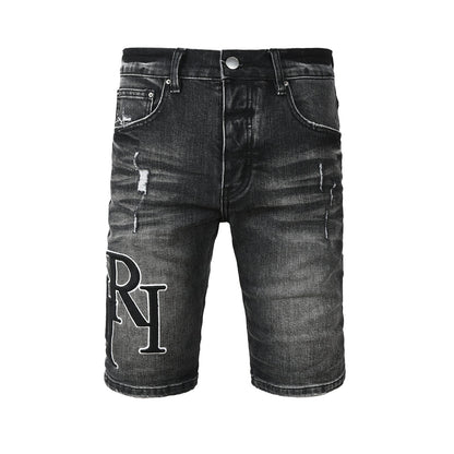 Men's Black Washed Denim Shorts with Distressed Accents and Slim Fit 6004