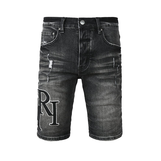 Men's Black Washed Denim Shorts with Distressed Accents and Slim Fit 6004