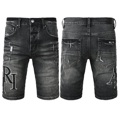 Men's Black Washed Denim Shorts with Distressed Accents and Slim Fit 6004