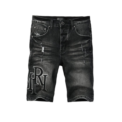 Men's Black Washed Denim Shorts with Distressed Accents and Slim Fit 6004