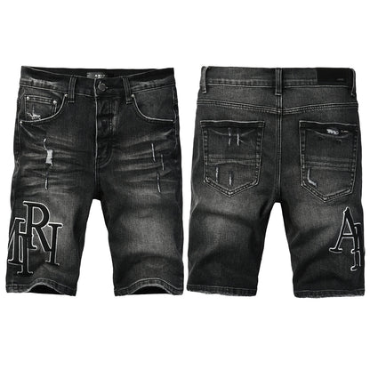 Men's Black Washed Denim Shorts with Distressed Accents and Slim Fit 6004