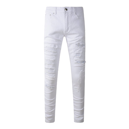 Men’s White Slim Fit Ripped Jeans with Subtle Blue Patchwork Accents and Clean Summer Street Style 625