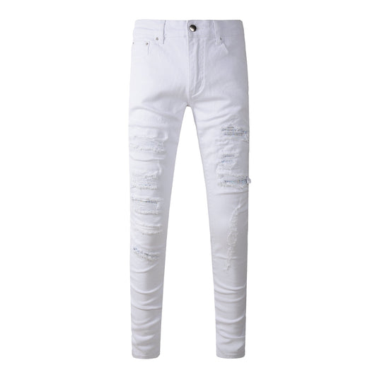Men’s White Slim Fit Ripped Jeans with Subtle Blue Patchwork Accents and Clean Summer Street Style 625