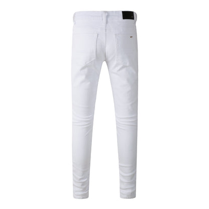 Men’s White Slim Fit Ripped Jeans with Subtle Blue Patchwork Accents and Clean Summer Street Style 625