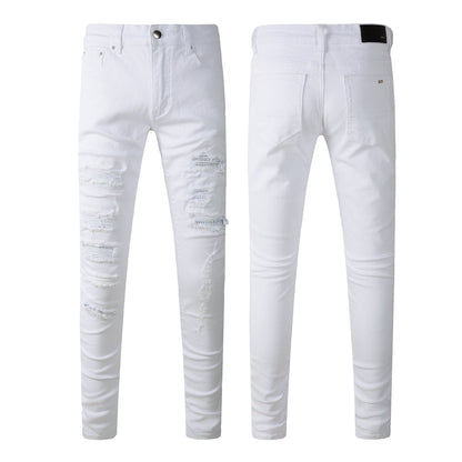 Men’s White Slim Fit Ripped Jeans with Subtle Blue Patchwork Accents and Clean Summer Street Style 625
