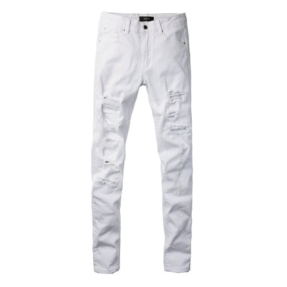 Men’s White Slim Fit Ripped Jeans with Subtle Blue Patchwork Accents and Clean Summer Street Style 625